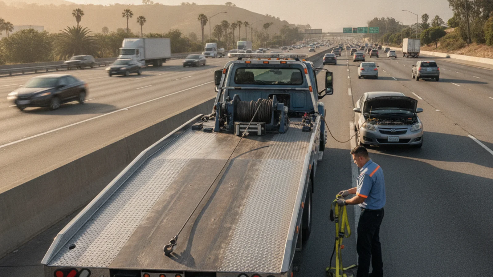 A flatbed tow truck on a San Diego freeway shoulder during daylight hours, ready to assist a stranded vehicle