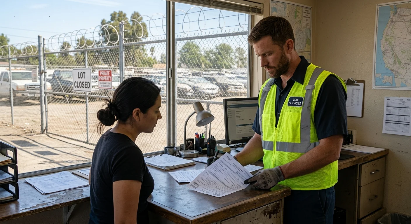 Driver at a California tow yard counter reviewing registration paperwork beside a closed lot gate