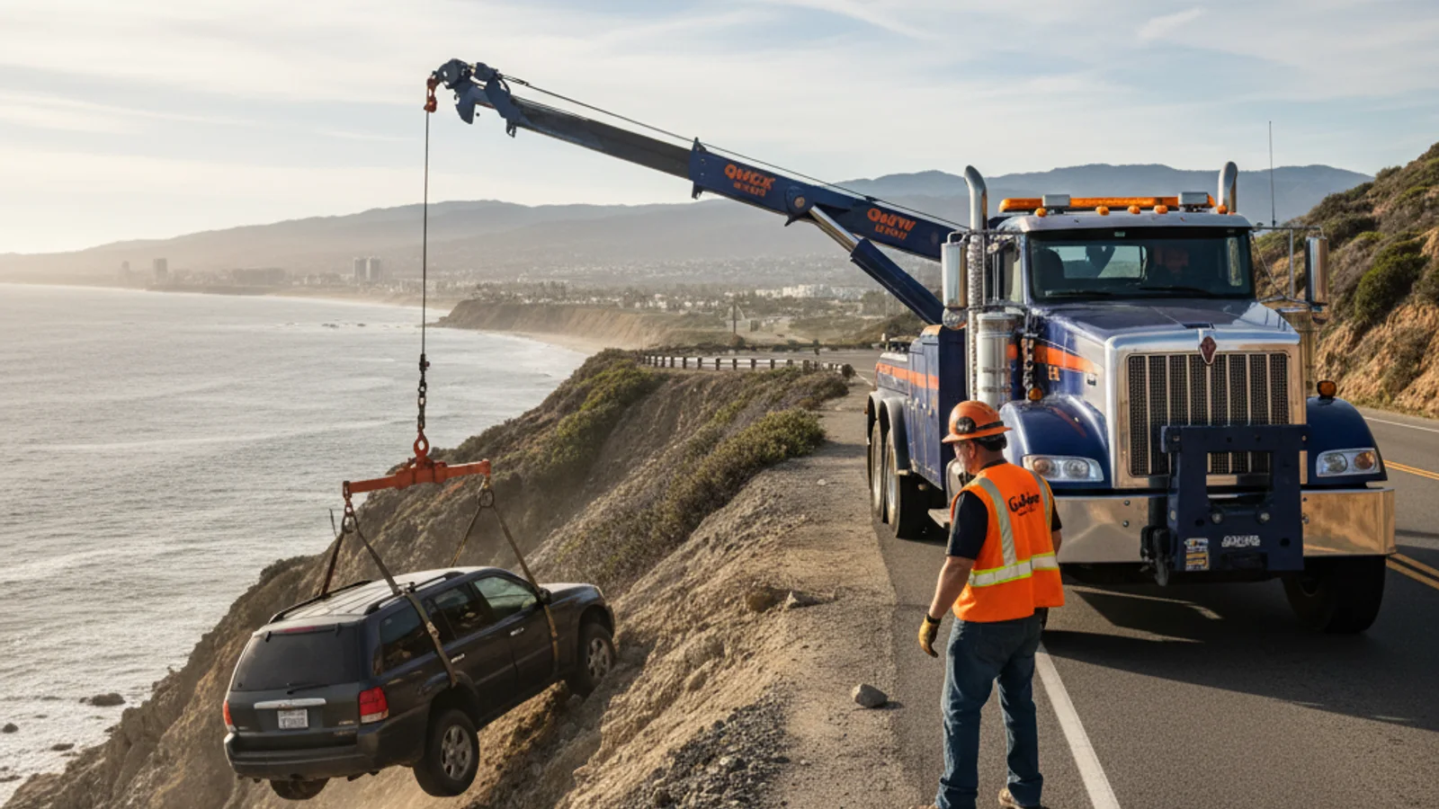 A heavy-duty Quick Tow San Diego wrecker stabilizing a moving truck hanging over an embankment along an SD County road.