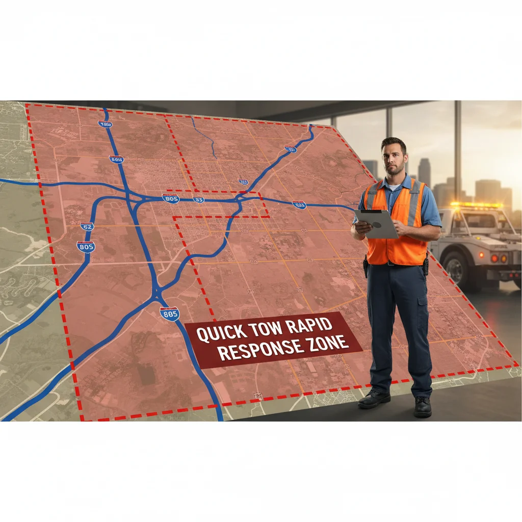 Map of Kearny Mesa showing Quick Tow's rapid response zone around the 163, 805, and 52 freeways.