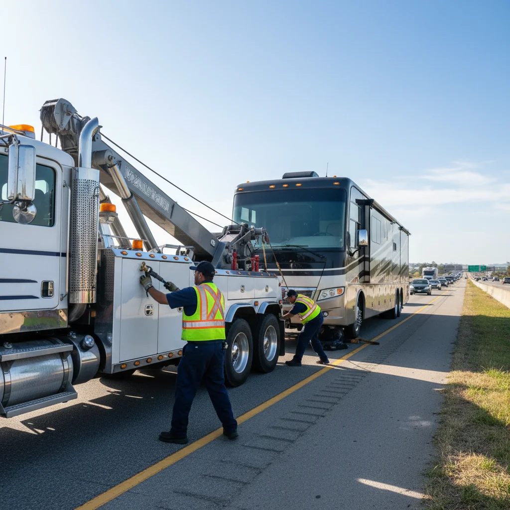 A heavy-duty wrecker hooking up to a class A motorhome on a freeway shoulder, da
