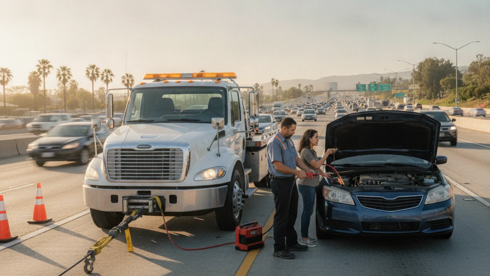 Roadside assistance technician helping a stranded driver on a San Diego freeway shoulder