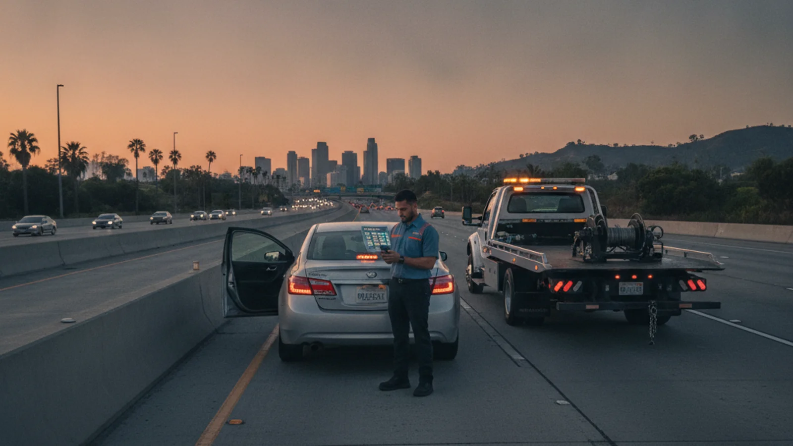 A stopped car on the shoulder of a San Diego freeway at dusk while a driver checks tow coverage on a phone