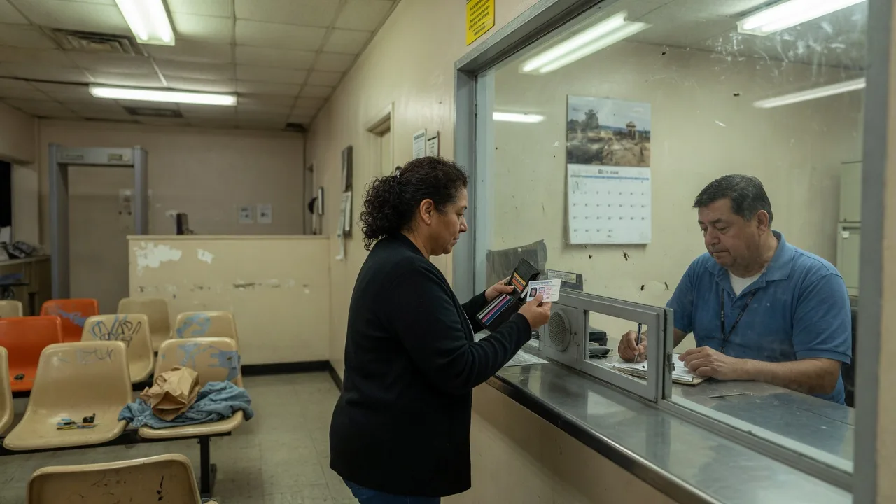 Driver reviewing an impound hold notice at a California tow yard