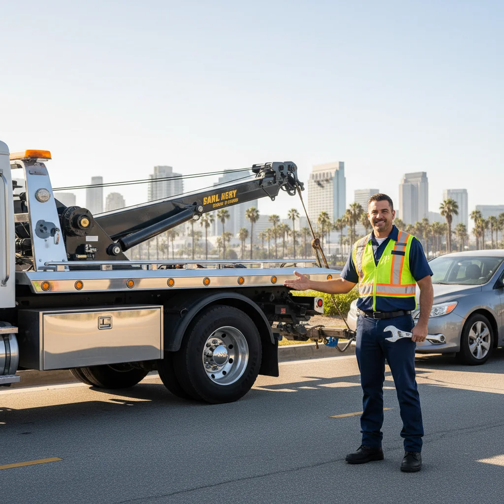 Flatbed tow truck loading a disabled sedan on a San Diego freeway shoulder with city skyline in the background