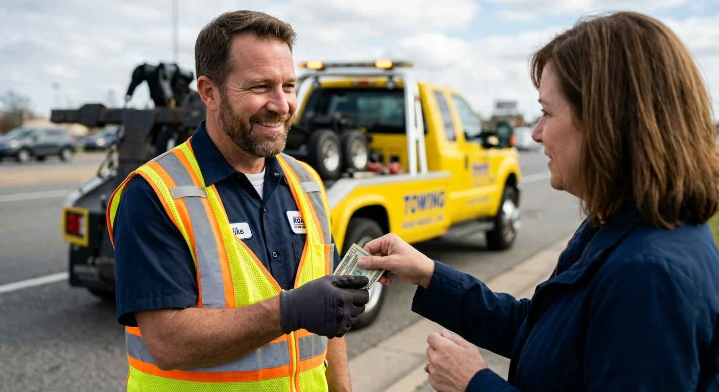 A close-up of a customer handing a cash tip to a friendly tow truck driver with a grateful expression, with the tow truck blurred in the background.