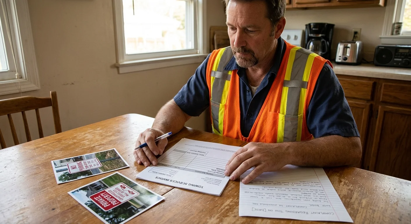 Driver sorting a tow invoice, parking-sign photos, and a complaint letter at a kitchen table