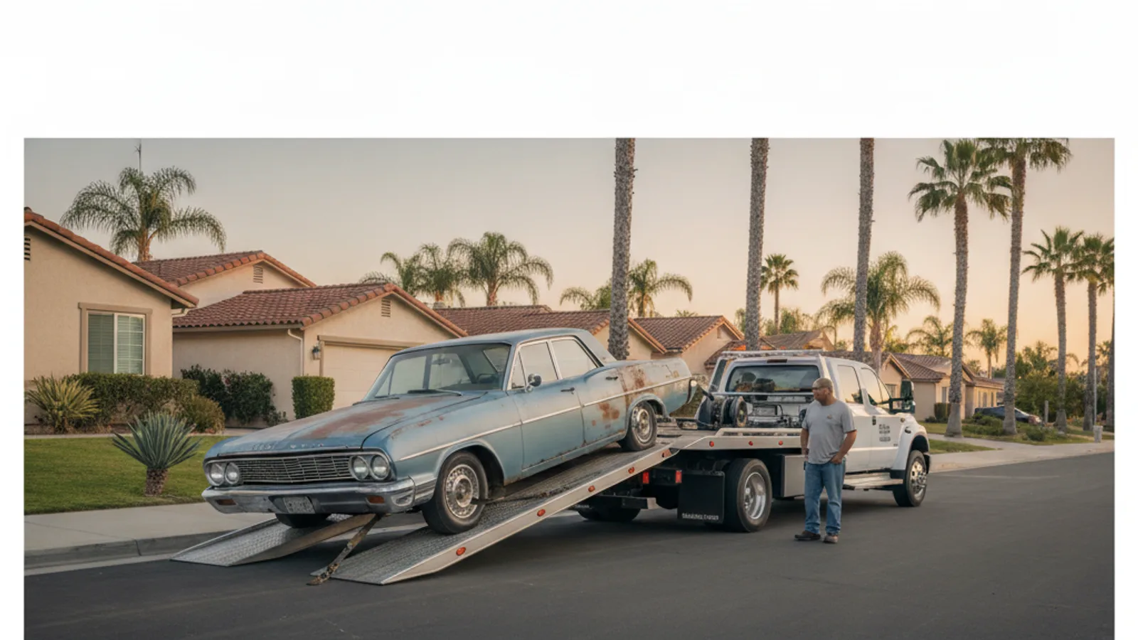 An old worn-out car being loaded onto a flatbed tow truck on a San Diego residential street