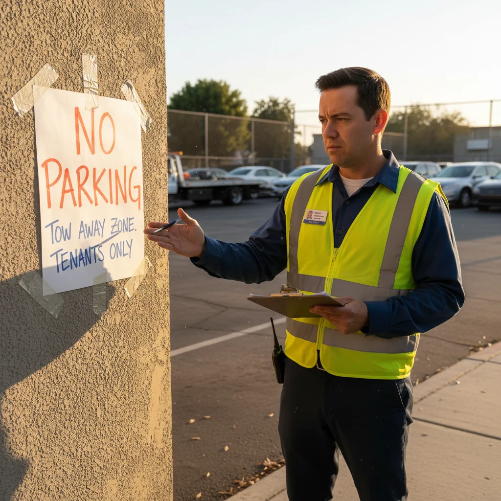 Frustrated property manager looking at a non-compliant, handwritten 'No Parking' sign.