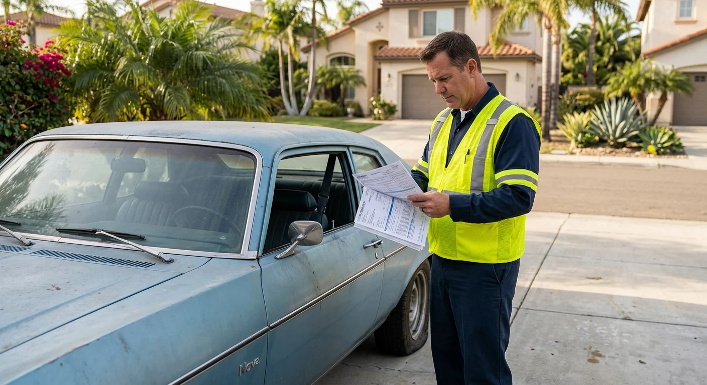 Owner reviewing registration papers beside a non-running car in a San Diego driveway