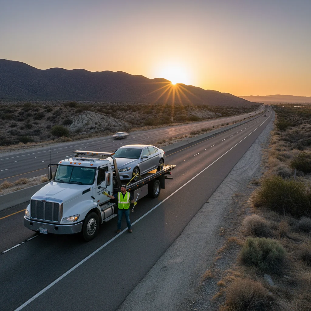 A long-haul flatbed transport truck loaded with a sedan on I-8 heading east out of San Diego at sunrise