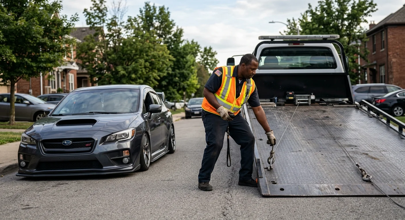 Lowered sports sedan parked near a generic flatbed tow truck
