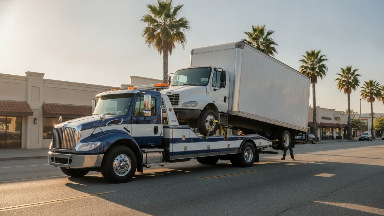 A medium duty tow truck loading a white box truck on a San Diego commercial street