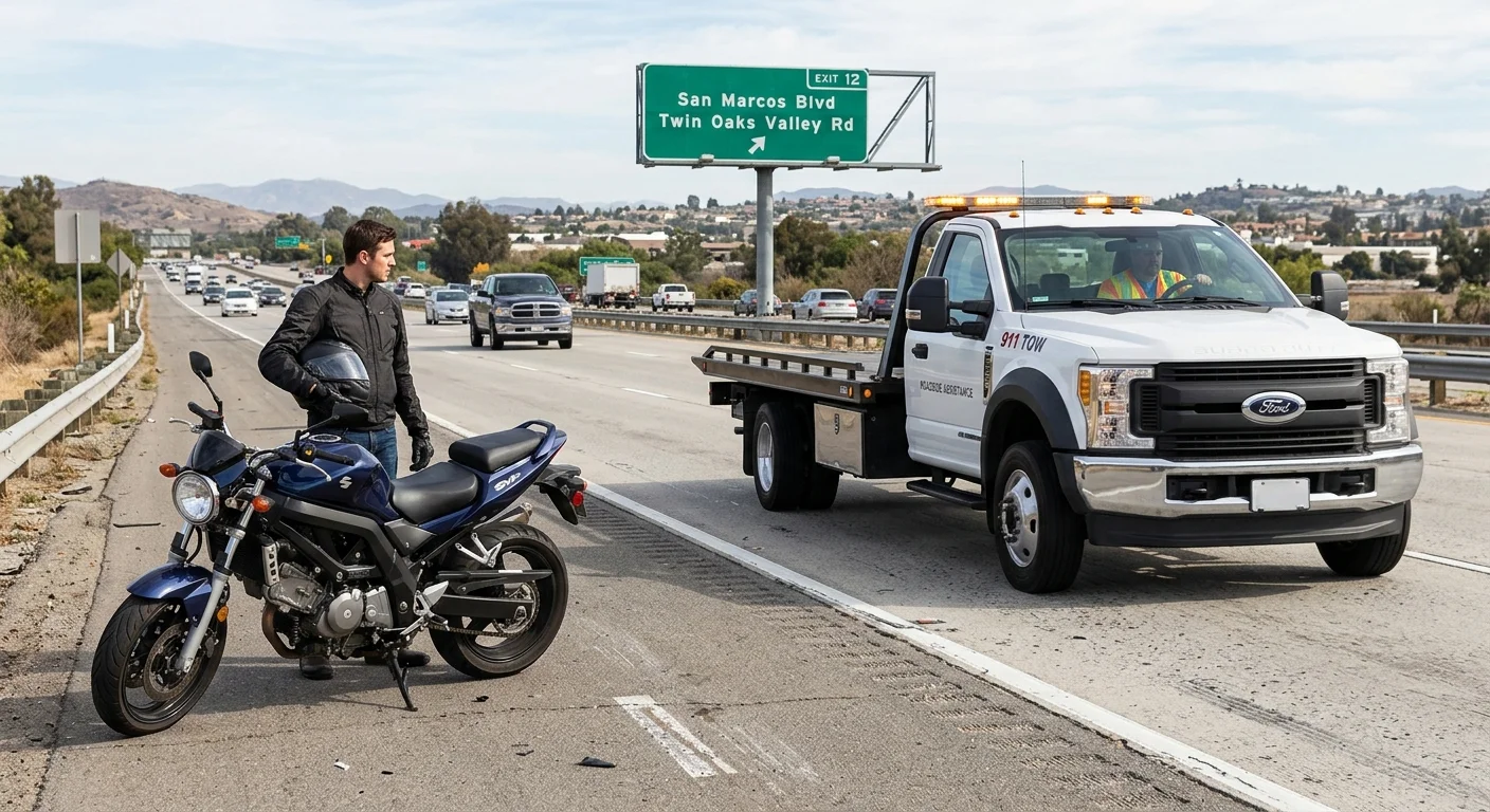Rider waiting beside a disabled motorcycle near an SR 78 exit in San Marcos