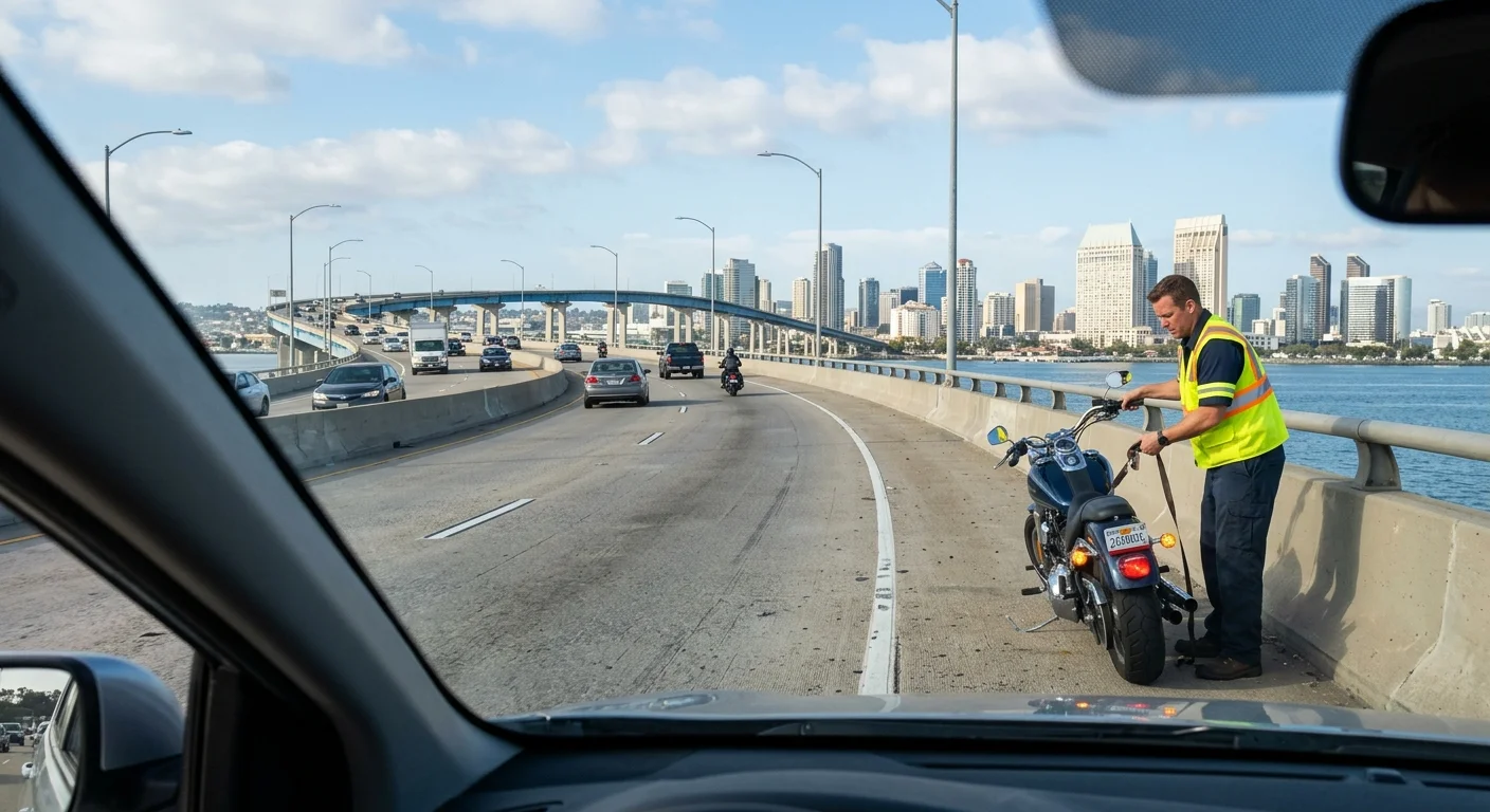 A scenic view of the Coronado Bridge from the driver's perspective, with a motorcycle pulled over to the narrow shoulder, hazard lights flashing. The San Diego skyline is in the background.