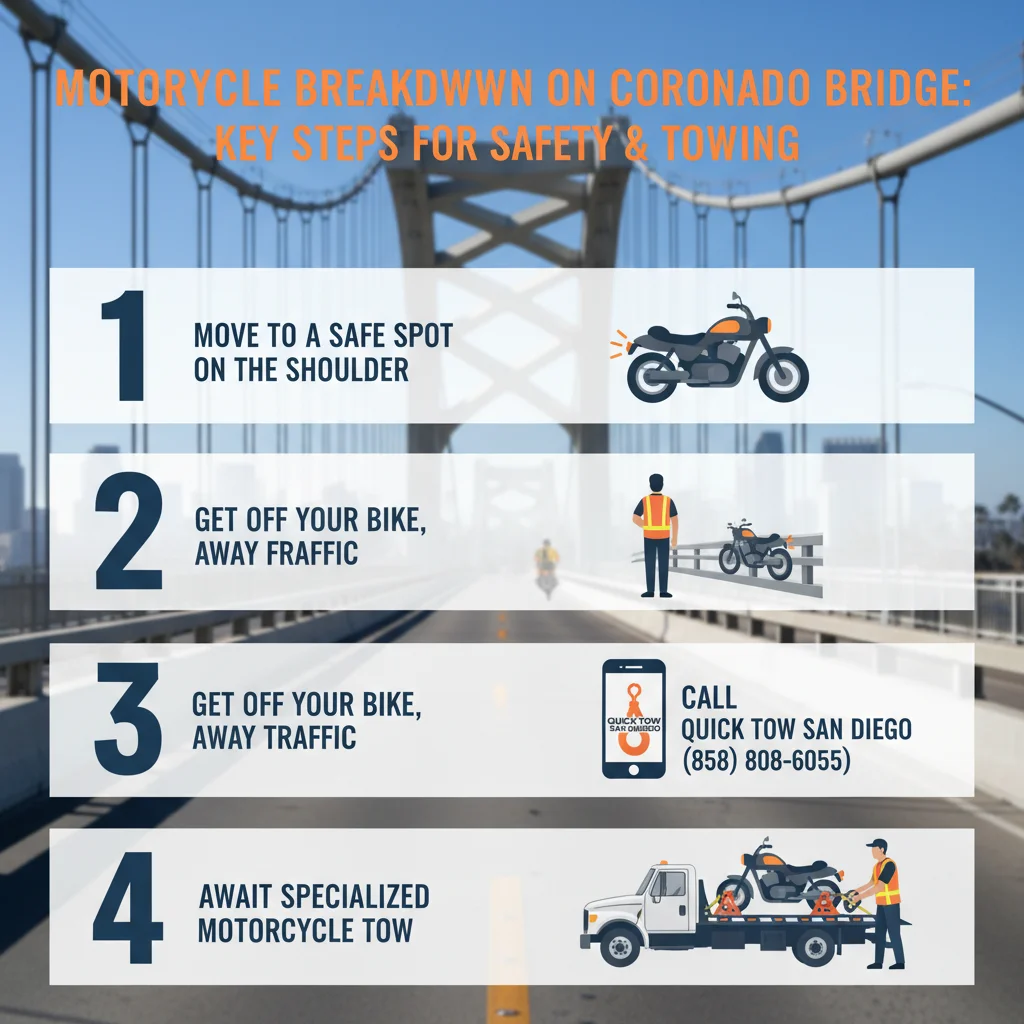 Infographic titled 'Motorcycle Breakdown on Coronado Bridge: Key Steps' showing the sequence of actions to take, including pull over, hazards on, call Quick Tow San Diego, and await specialized assistance. Each step has an associated icon.