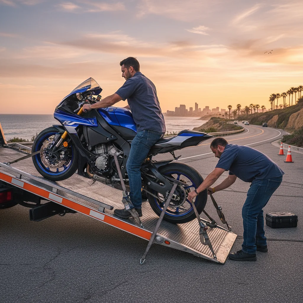 Sport motorcycle being loaded onto a flatbed tow truck on a San Diego coastal road at golden hour