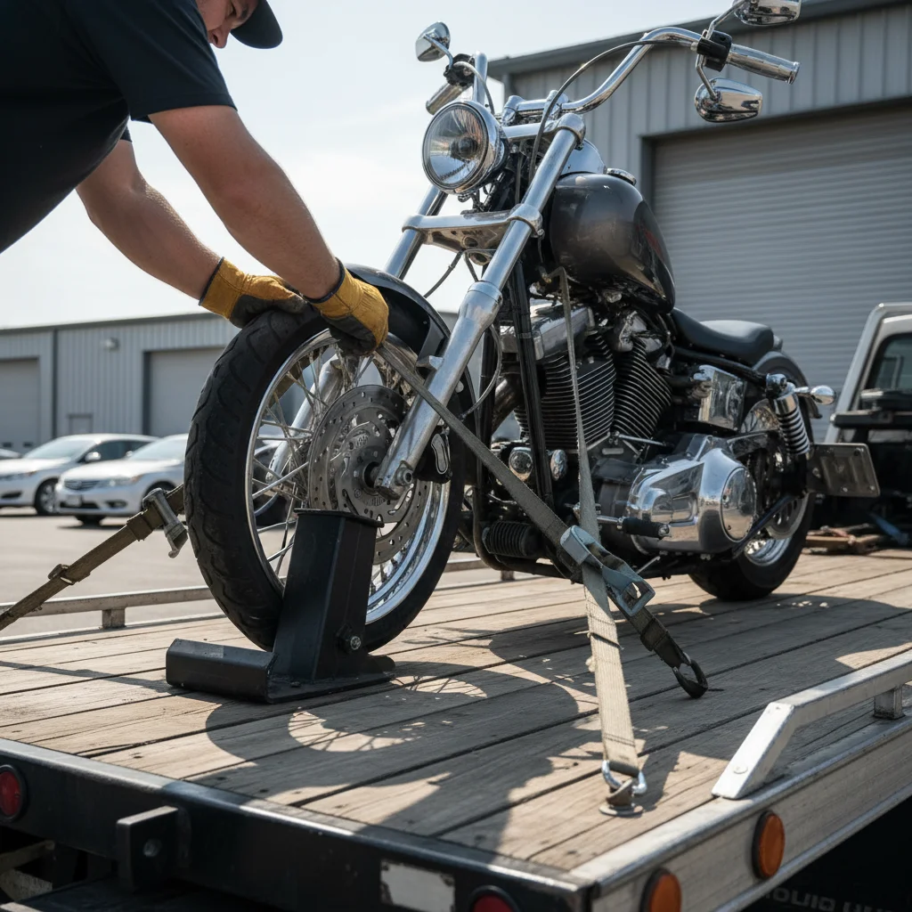 A tow operator strapping down a Harley-style motorcycle on a flatbed using a whe