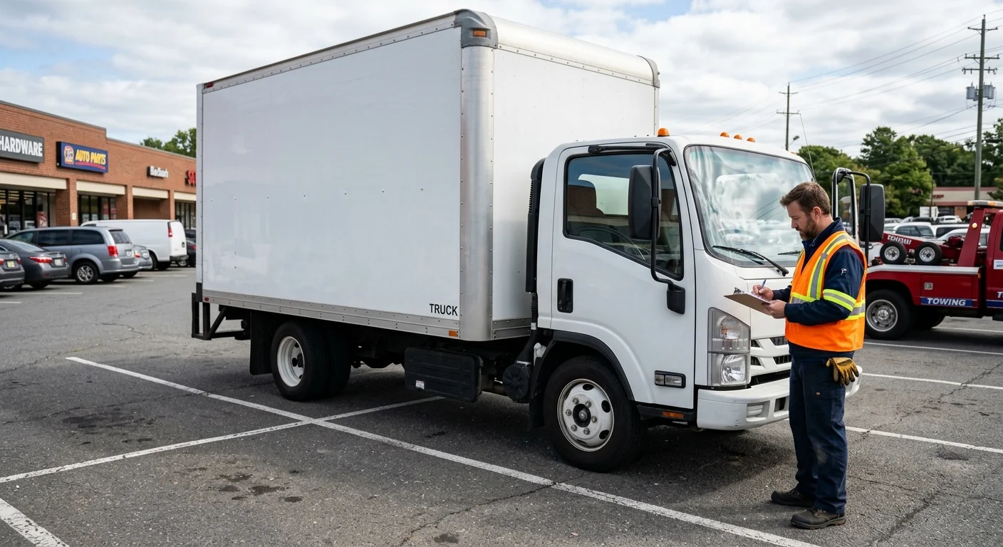 Unbranded moving truck stopped in a commercial parking lot