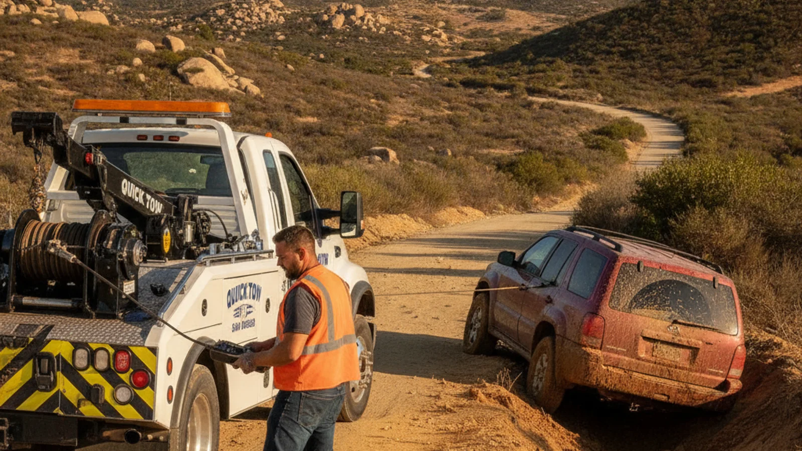 A tow operator preparing a winch cable to pull a stranded sedan off a graded desert road in East County San Diego