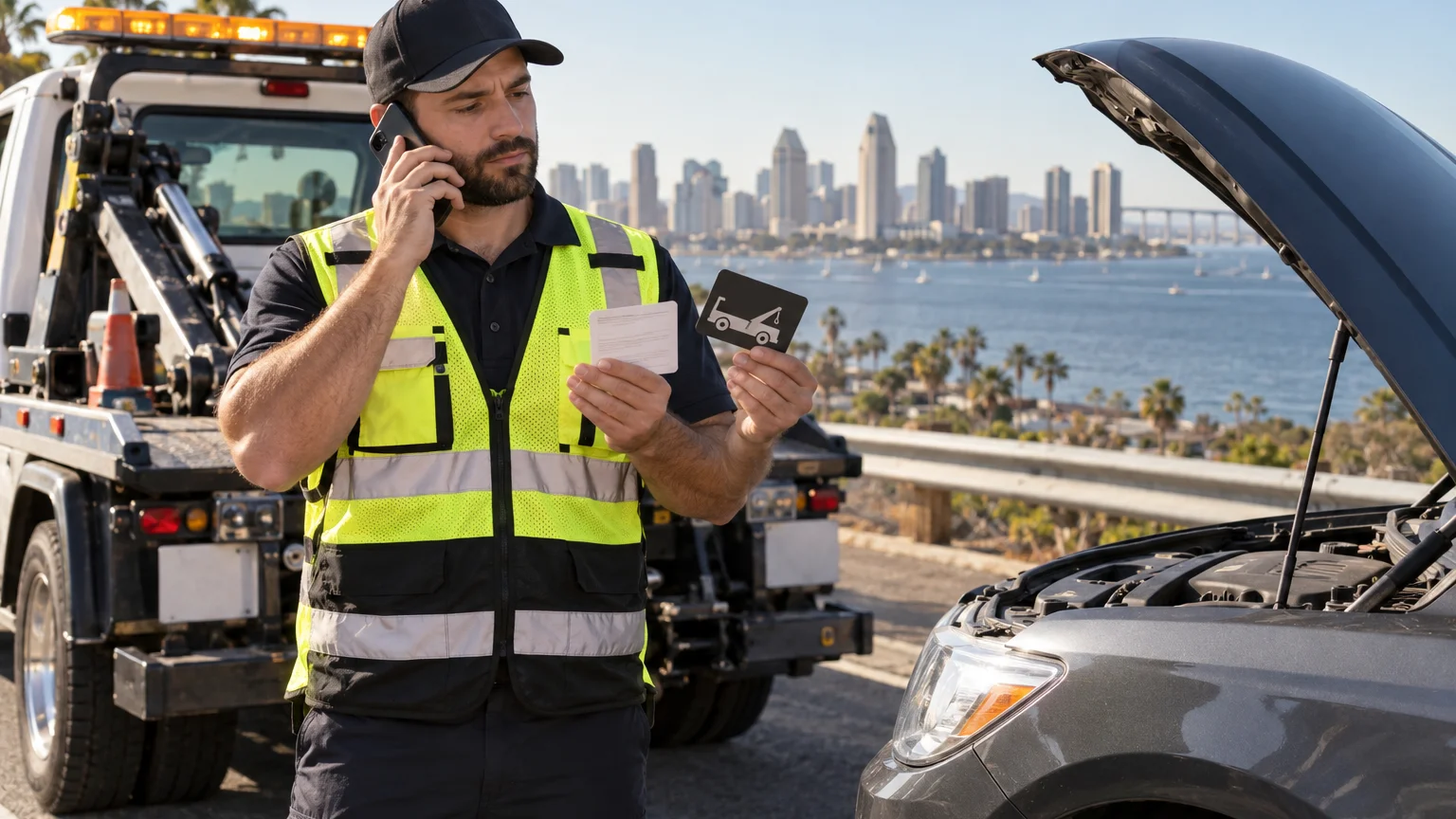 San Diego driver requesting one-time roadside assistance beside a disabled car