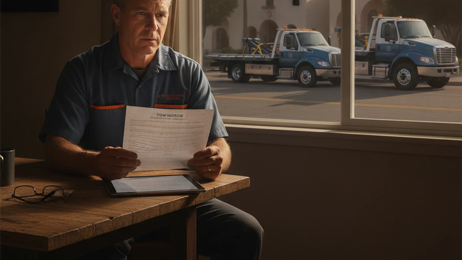 Driver reviewing a mailed tow notice before requesting a post-storage hearing in San Diego