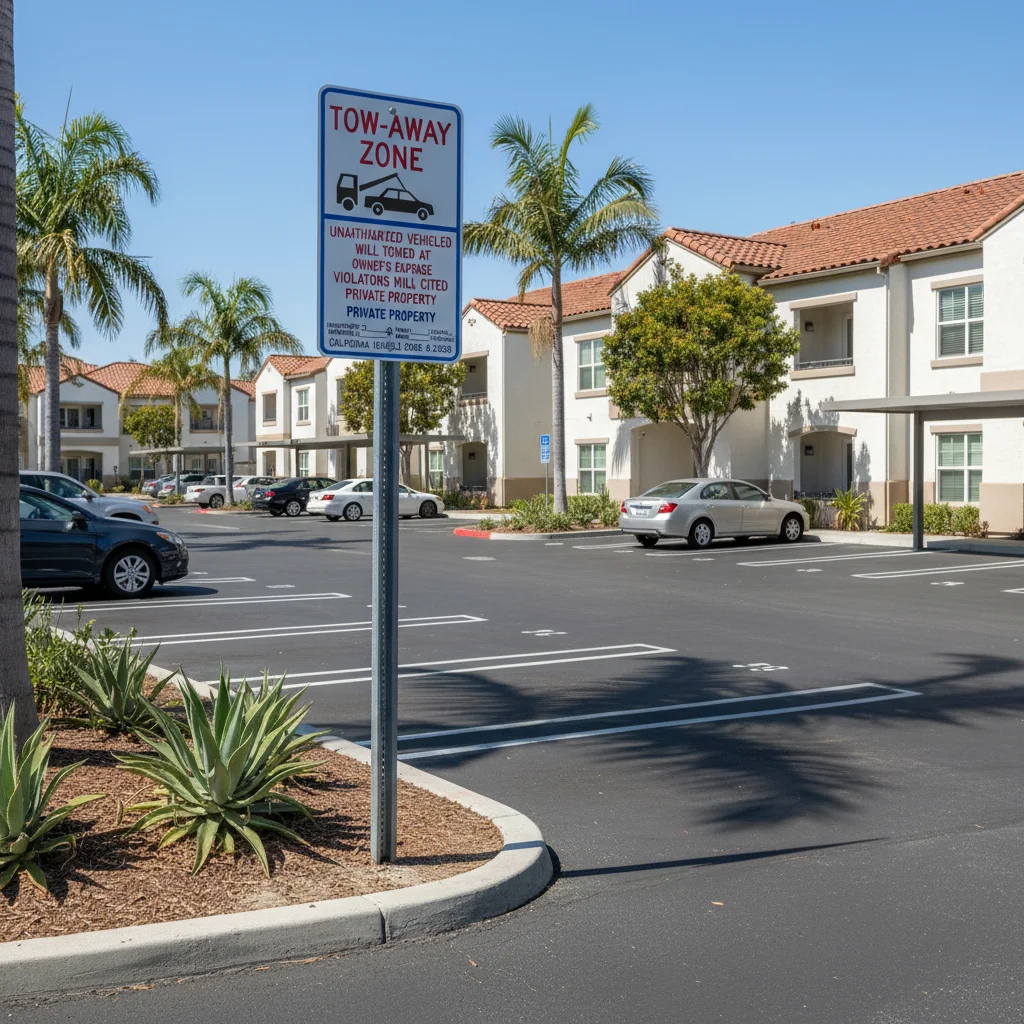 Regulation-compliant tow-away zone sign in a San Diego apartment parking lot