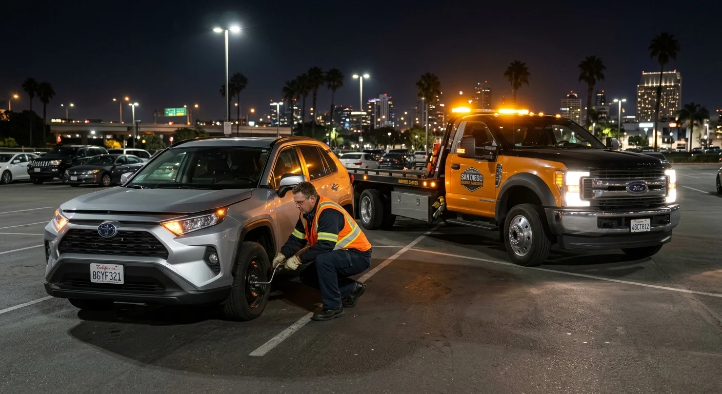 A disabled car safely stopped in a lit San Diego parking area after dark