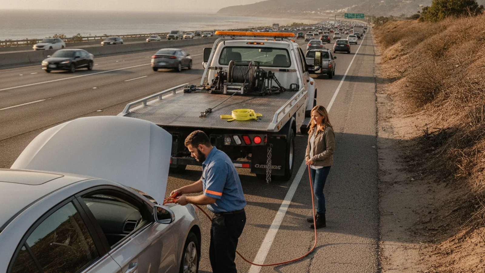 Roadside assistance technician helping a stranded driver on a San Diego freeway shoulder.