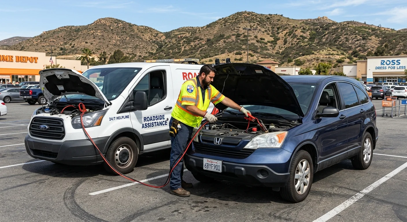 A roadside assistance van helping a driver with a jump start in a commercial parking lot in El Cajon, with the distinct East County hills in the background.