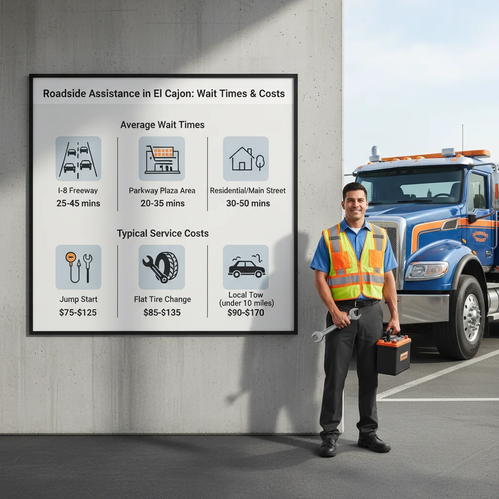 Infographic showing average roadside assistance wait times and costs for common services in El Cajon, including I-8 response zones.