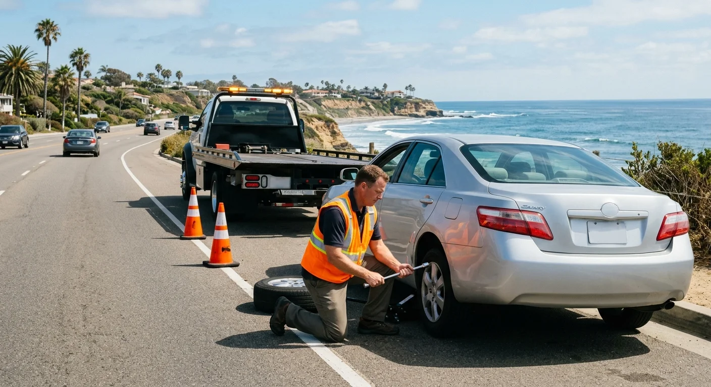 Roadside service vehicle helping a disabled sedan in Encinitas