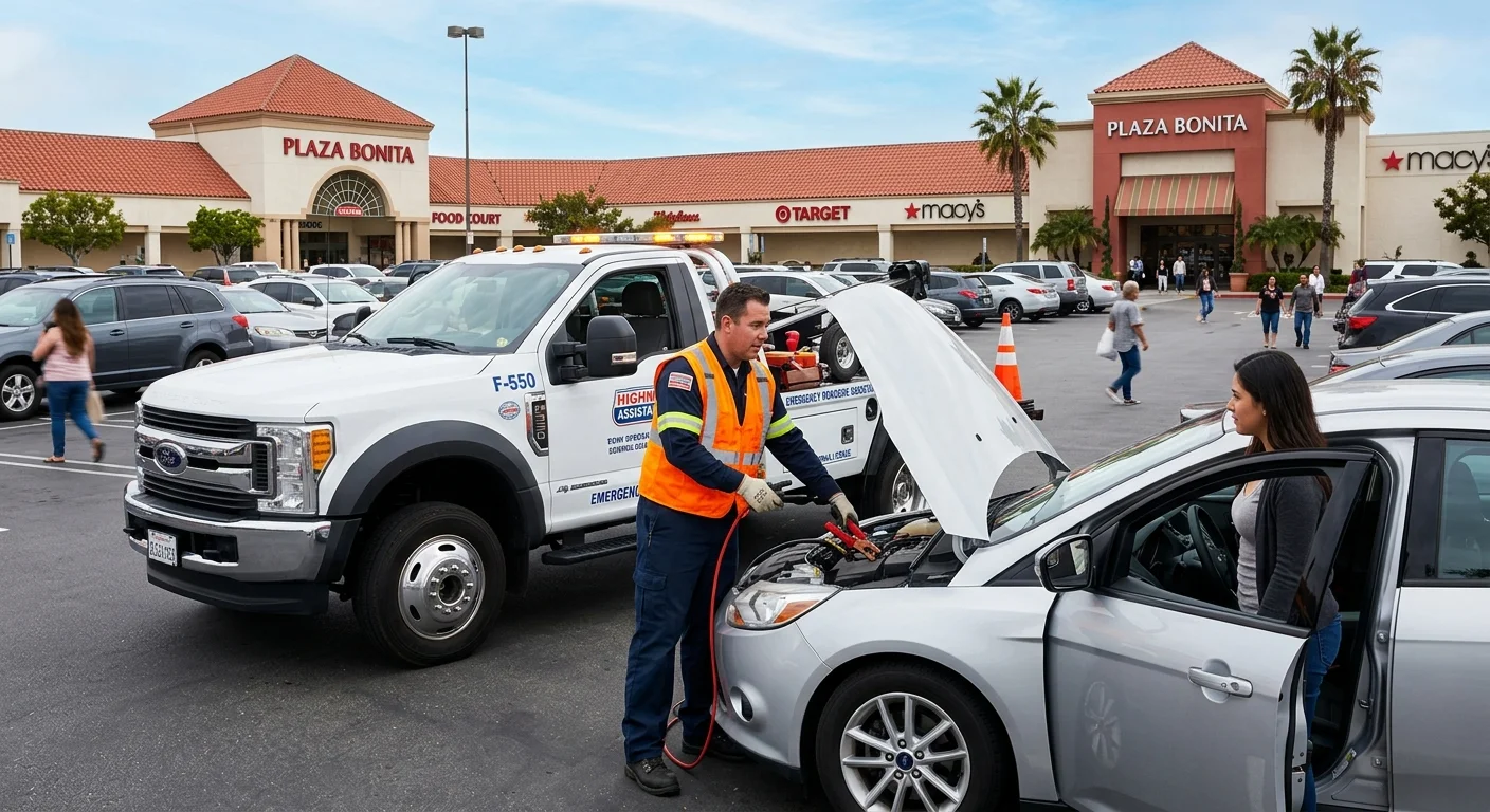 A Quick Tow service truck helping a driver with a dead battery in the parking lot of a shopping mall that looks like Plaza Bonita in National City.