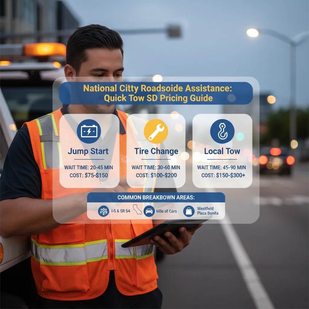 Infografía que muestra tiempos de espera promedio y costos para servicios de asistencia en carretera como arranques, cambios de llanta y remolque en National City, CA, destacando áreas clave de descompostura.