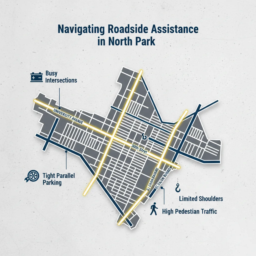Mapa de North Park, San Diego, destacando University Avenue, 30th Street, y El Cajon Boulevard como zonas comunes para llamadas de asistencia en carretera, con notas sobre los retos locales.