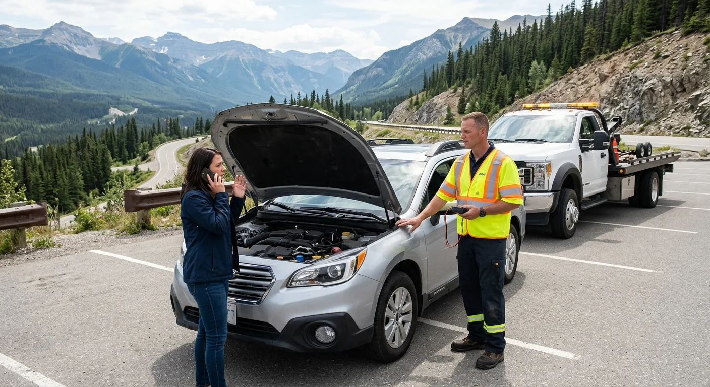 Driver calling for roadside help beside a car in a Vista parking area