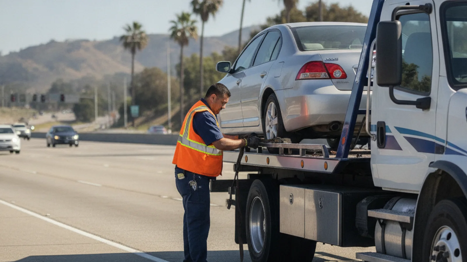 Driver on the phone beside a stalled car on a San Diego roadside, calling for help without a membership plan