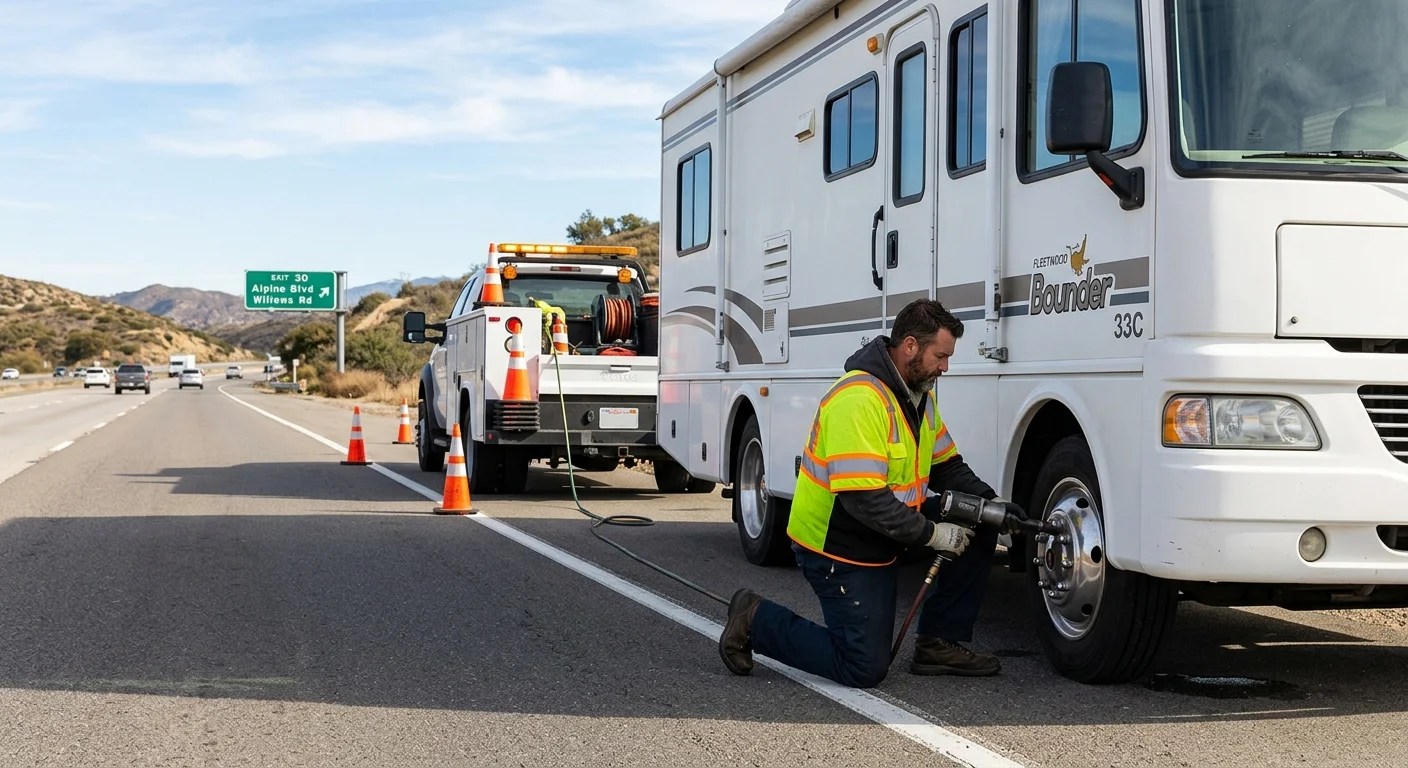 Motorhome stopped safely near an I-8 exit in Alpine, California