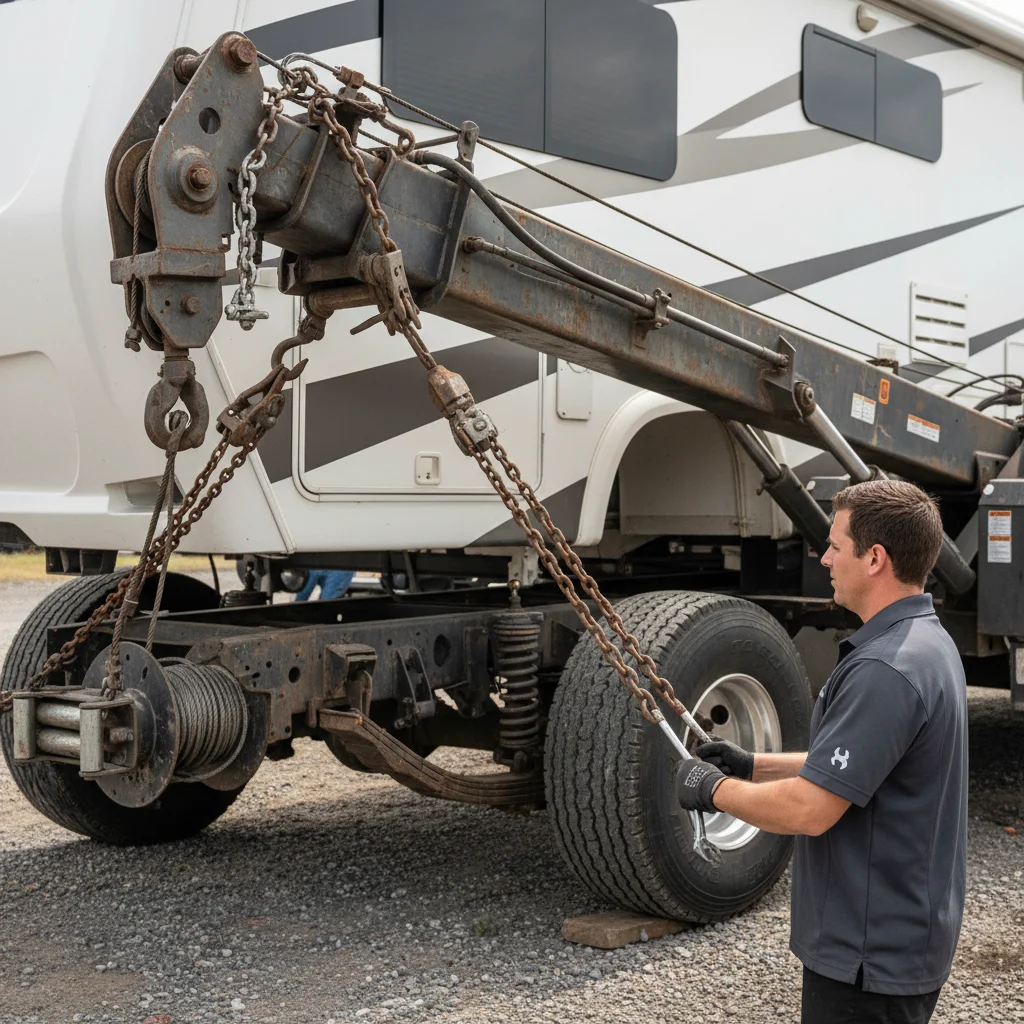 Primer plano de una grúa pesada integrada acoplada a un chasis de RV, detalle de equipo profesional