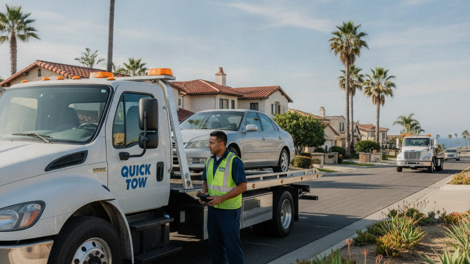 Car parked and ready in a driveway for a scheduled tow to a San Diego body shop