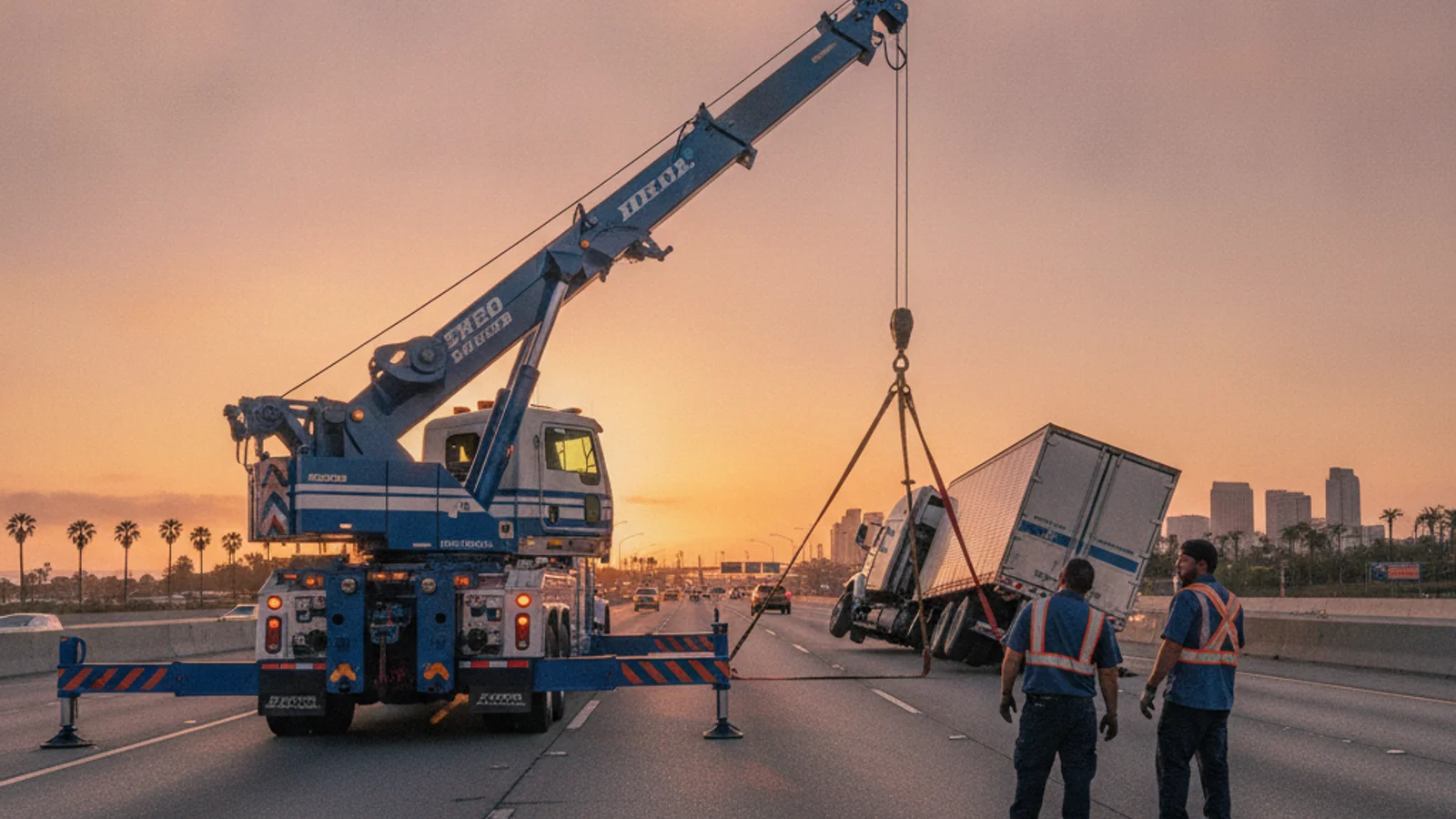 Heavy-duty rotator tow truck recovering a jackknifed semi on a San Diego highway at dusk