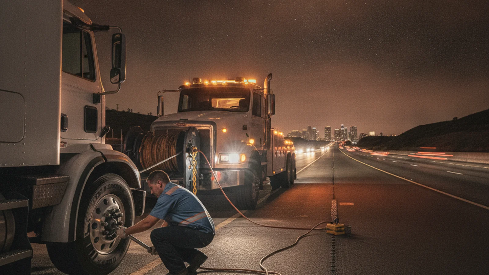 Roadside service technician working on a semi truck on a San Diego highway shoulder at night