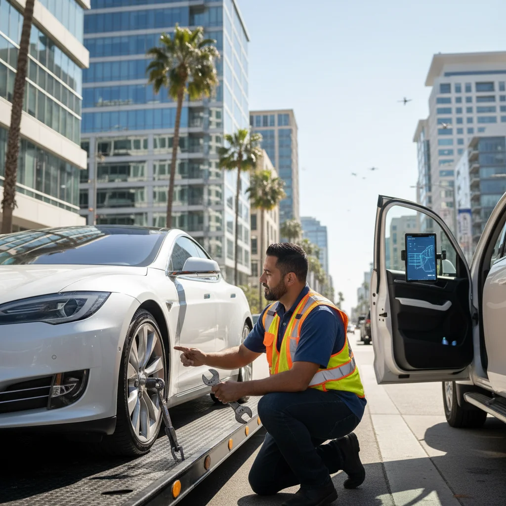 A Tesla Model 3 being carefully loaded onto a flatbed tow truck in a sunny San Diego urban setting, with the driver preparing the vehicle for transport mode.