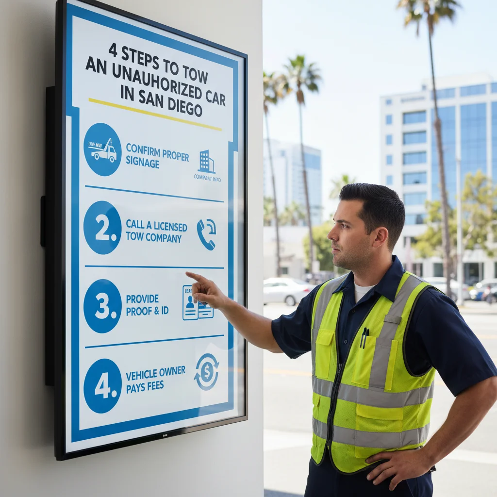 Una infografía que describe los cuatro pasos clave para remolcar legalmente un coche no autorizado de una propiedad privada en San Diego, incluyendo señalización adecuada, a quién llamar, información requerida, y responsabilidad de pago.