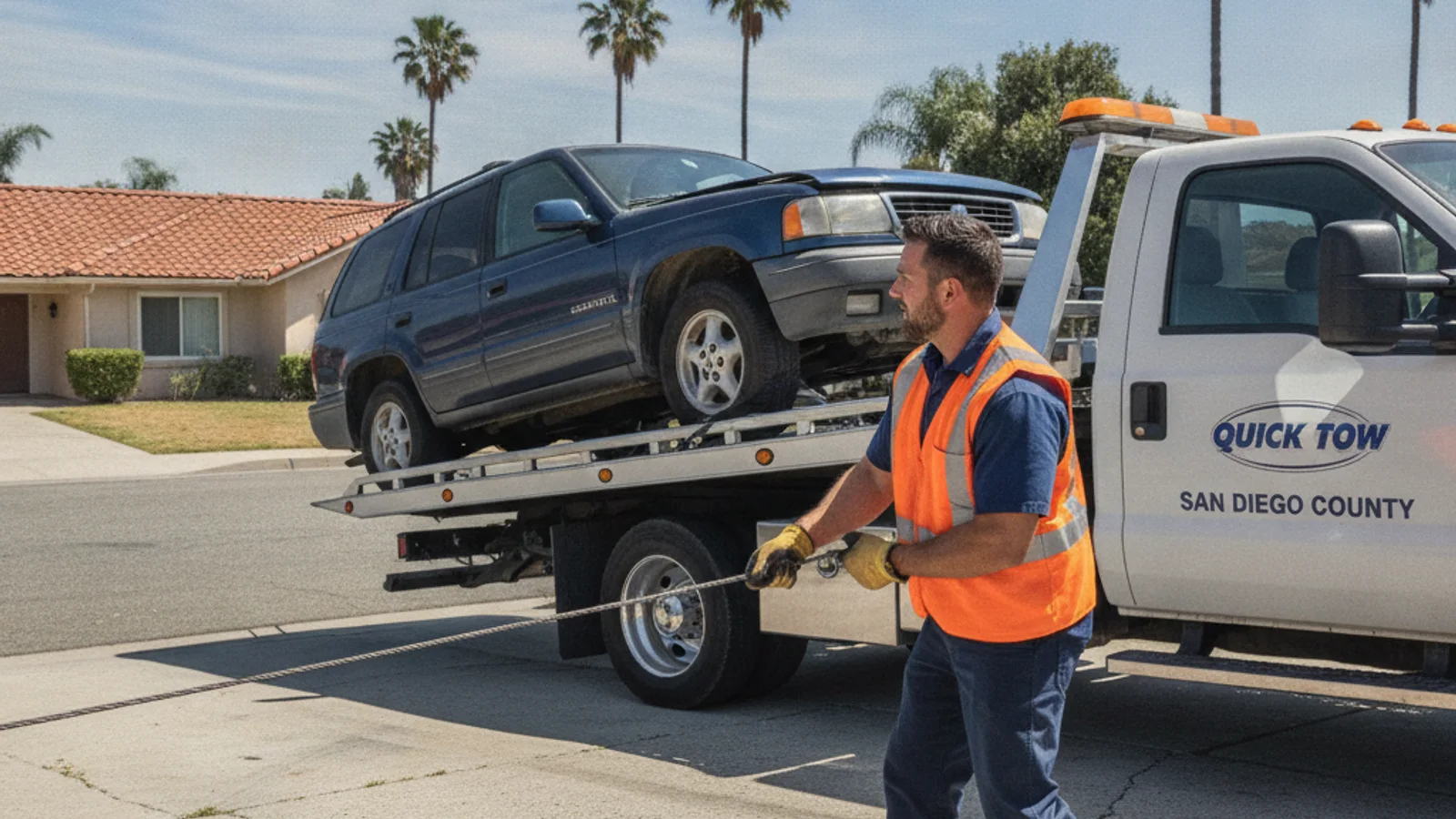 A tow operator using a winch to pull a seized-up junk car out from behind a gate