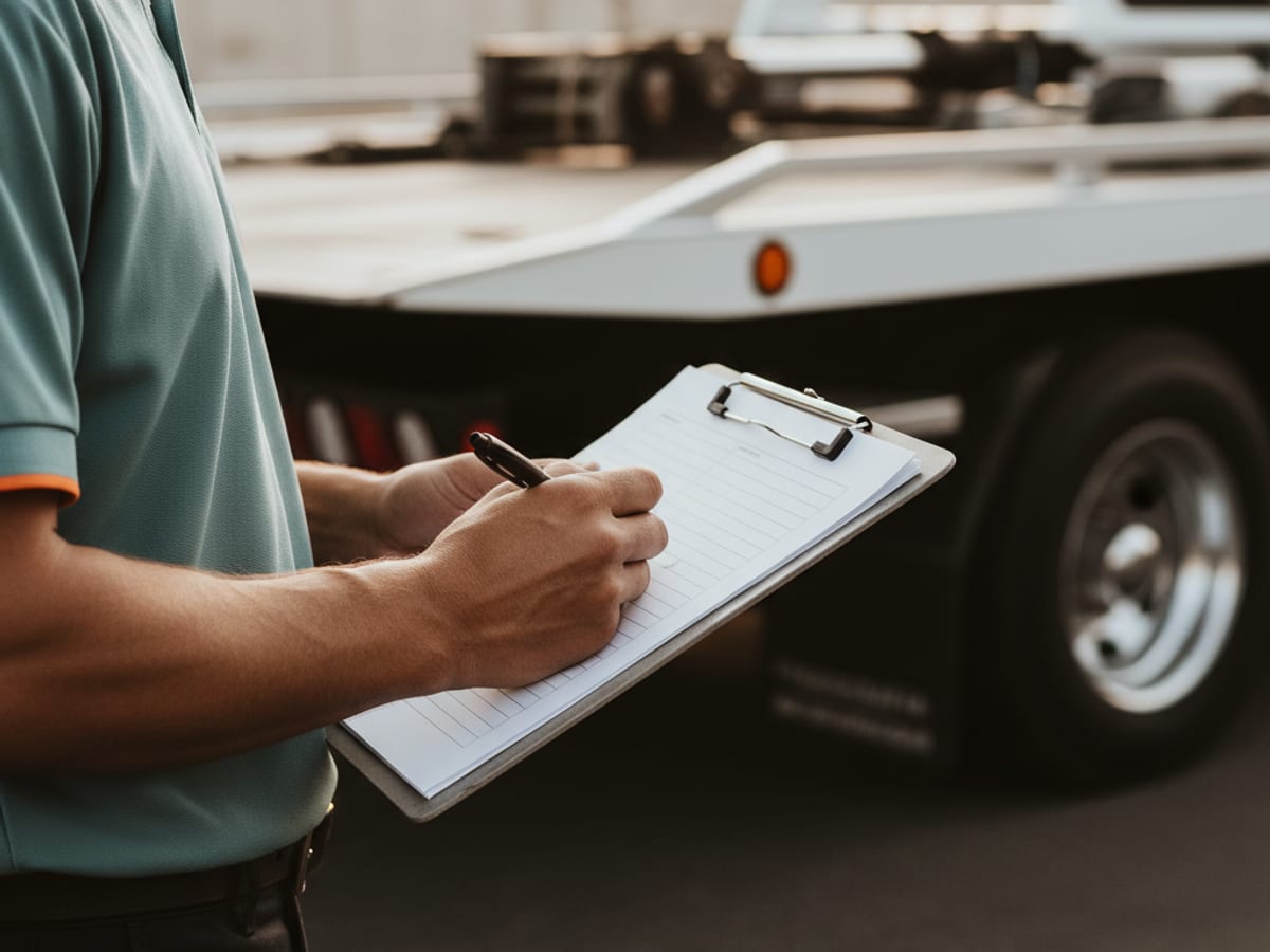 Tow operator writing vehicle details on a clipboard beside a flatbed truck