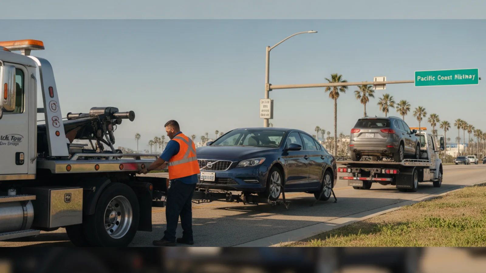 A car dolly with two wheels lifted, hitched to a pickup truck climbing a steep San Diego grade
