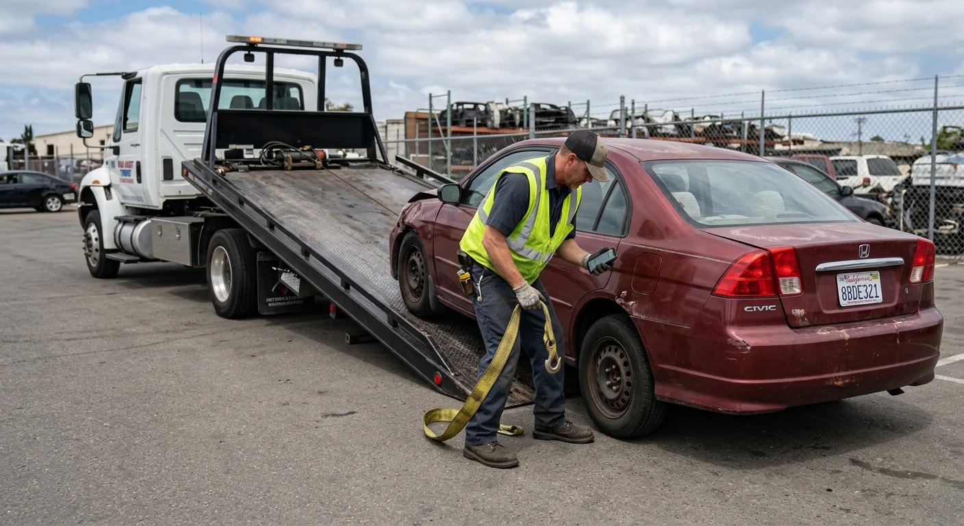 Non-running used car beside a flatbed transporter bound for San Diego