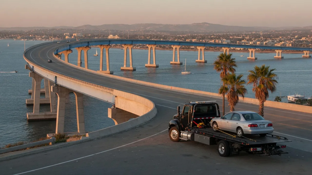 Disabled passenger car on a Coronado street with the bridge in the distance