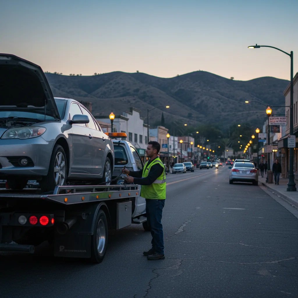 A flatbed tow truck on Main Street in El Cajon at dusk with east-county hills in the background, calm and professional